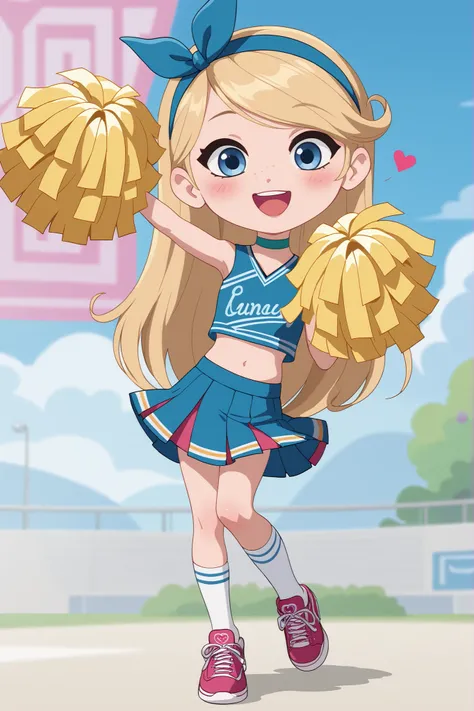 1girl, full body, very aesthetic, absurdres , 1girl , full body , solo , penny peterson , long hair , blue eyes , freckles , blonde hair , skirt, hairband, blue hairband , anime screencap, u.a. cheerleader uniform, pom pom \(cheerleading\), solo, blue plea...