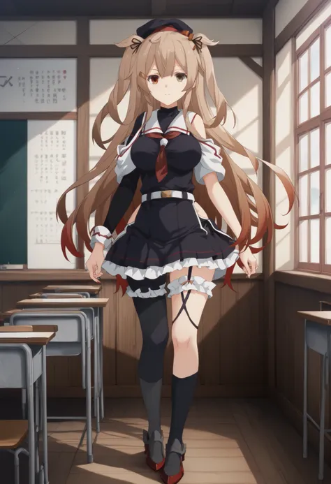 Murasame (KANCOLLE)、(Murayama Nikkantai collection), light brown hair, 1 girl, solo, long hair, chest,hair ornament, , Red right eye, yellow left eye,, ribbon, uniform, hair ribbon, pleated skirt, sailor suit, hair clip, black thigh high socks, transpare...