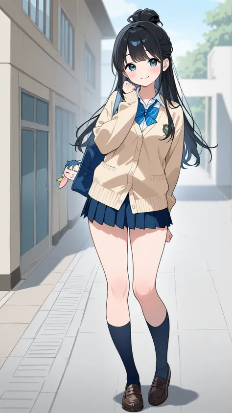 standing in the school yard 、Japanese high school students、uniform、miniskirt、cardigan、cute face、 long hairstyle due to things、is smiling、full body image