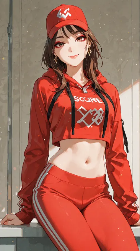 score_9, score_8_up, score_7_up, score_6_up, score_5_up, score_4_up, 4k, 8k, girl, solo, xyzruby, 1girl, brown hair, beautiful, earrings, makeup, vibrant, eyeliner, mascara, 3d render style, looking at viewer, midriff, cropped hoodie, red headwear, red hoo...