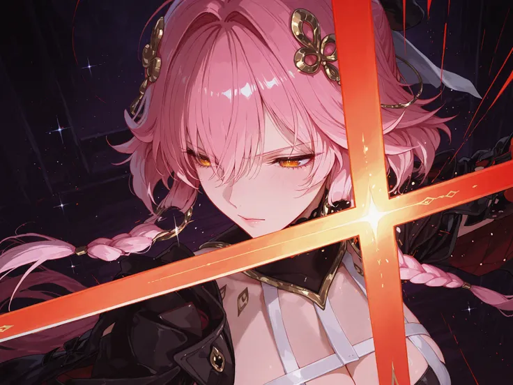 masterpiece, Best quality, Very Beautiful, Ultra High Resolution, 4K, Extreme Detail CG Unity 8K Wallpaper, ((Long distance))，pink hair，(Super beautiful face)， dark night background，Night background with sparkles，(Elegant Sexuality)，Sword Holder，Battle Sta...