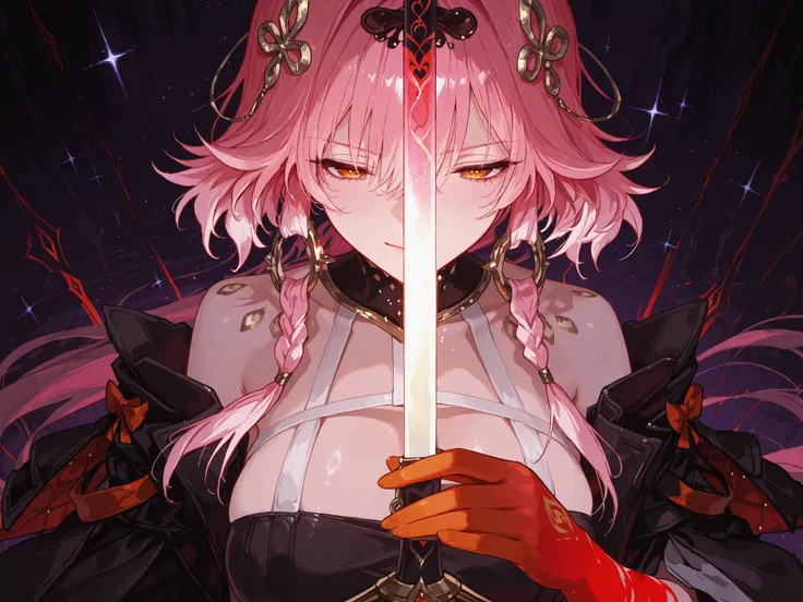 masterpiece, Best quality, Very Beautiful, Ultra High Resolution, 4K, Extreme Detail CG Unity 8K Wallpaper, ((Long distance))，pink hair，(Super beautiful face)， dark night background，Night background with sparkles，(Elegant Sexuality)，Sword Holder，Battle Sta...