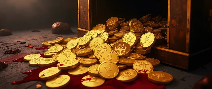 Imagine an open safe filled with large, compromised gold coins. Each coin has symbols related to war, such as firearms, shields, or flags, engraved on its surface. Some coins are stained with dark, viscous oil, reflecting the corruption and destruction ass...
