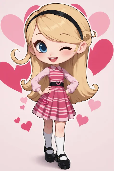 1girl , full body , solo , penny peterson , long hair , blue eyes , freckles , blonde hair , skirt , hairband , black hairband , white long tube socks , dress , pink dress , long sleeves , black mary janes , young, cute, ,thick_thighs, ,cute smile , joyful...