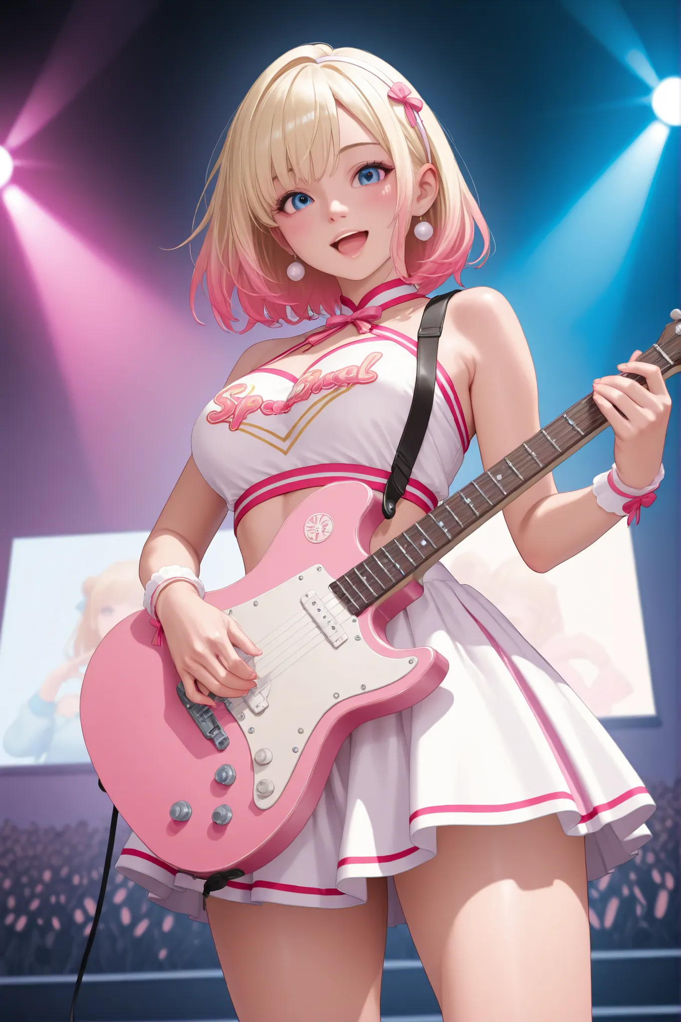 pastel colors、School stage、Music Festival、Cultural Festival、Band performance、 youth、beautiful light、gymnasium、pop and glamorous atmosphere、Beautiful Lighting Effects、the students' expressions、Instruments on stage、retro decor、audience excitement、4K resoluti...