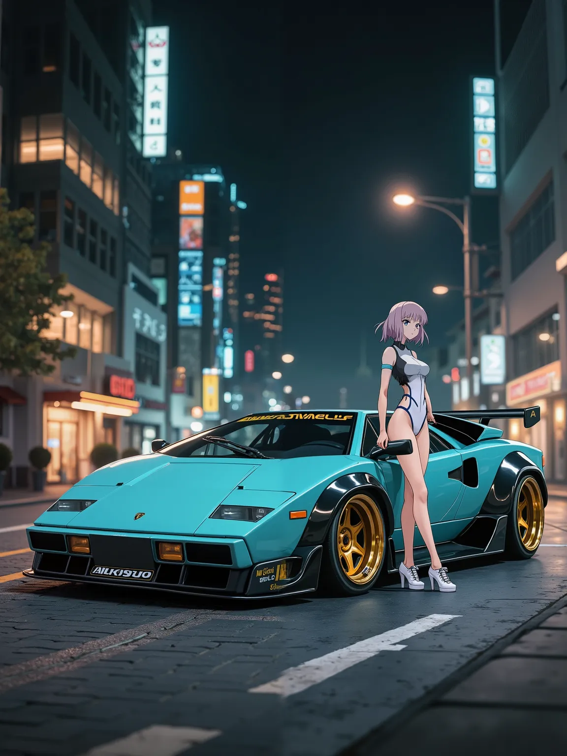wide body and offset wheels to tune the Datsun 1600、Tune up Lamborghini Countach by drawing an anime woman,Tune Lamborghini Countach,masterpiece,ultra fine expression,downtown at night,