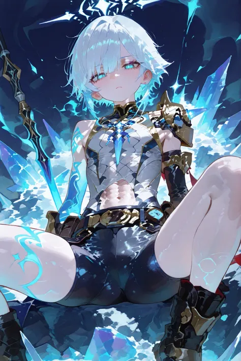 young slim athletic boy, smooth glowing fair skin, unique messy layered hair split into pure white, red, and blue sections, side-swept bangs partly covering one eye, sharp dreamy eyes matching the colors of his hair, wearing a combination of sleek battle a...