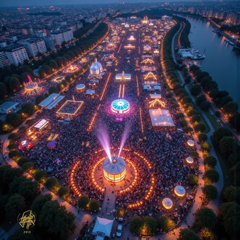 drone view of Donauinselfest on the artificial island Donauinselem, in the middle of the Danube River, in the city of Vienna. 3.3 million people in 2015, high contrast, festival scene, masterpiece realism. Magical, spectacular high contrast.