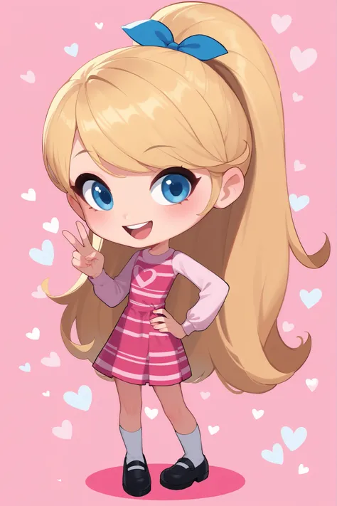 1girl , full body , solo , penny peterson , long hair , ponytail, teal blue ribbon, blue eyes , freckles , blonde hair , skirt ,white long tube socks , dress , pink dress , long sleeves , cute girl, cute Smile, joyful expression, excited, happy, looking a...