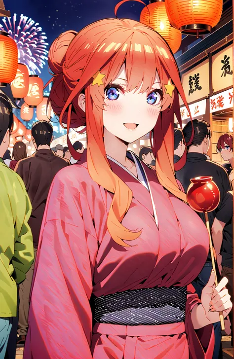 score_9, score_8_up, score_7_up, source_anime,  Nakano Mizuki , blue eyes, hair ornament, red hair, glass, hair bun, star (symbol, star hair ornament, Big Breasts,smile,blush,open your mouth,side lock,single bun hair, red flower pattern kimono,Holding a ca...