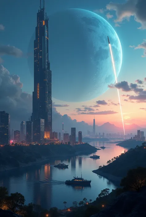 A science fiction city located on an alien planet, a blue gas giant can be seen in the middle of the sky, In the middle of the outpost is a tower with lit windows rising up into the sky made out of glass and steel. The tower is lit by the setting sun. The ...