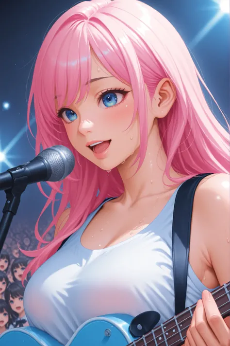 pastel colors、School stage、Music Festival、Cultural Festival、Band performance、 youth、beautiful light、gymnasium、pop and glamorous atmosphere、Beautiful Lighting Effects、the students' expressions、Instruments on stage、retro decor、audience excitement、4K resoluti...