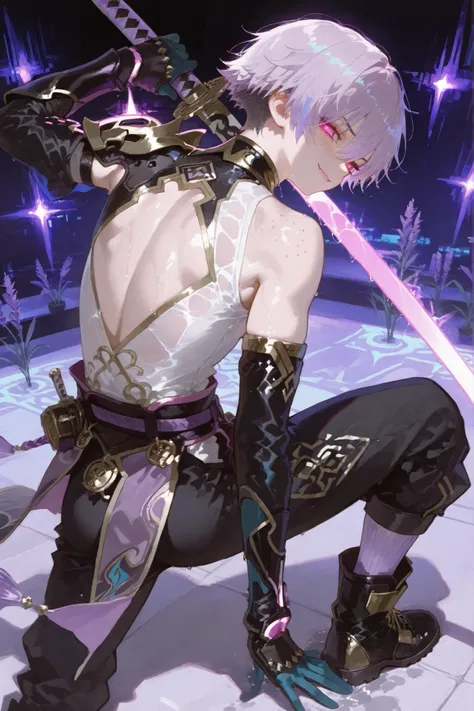 tall skinny tanned mixed-race Black manly boy with freckles, glossy wet glowing skin, short spiky light purple and salmon pink hair, black trimmed undercut taper sides and back, pure lime neon eyes, wearing a baggy  lavender GI combat big shirt with black ...