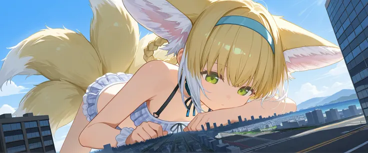 (face down:1.4),  1girl, solo,  suzuran_\(swimsuit\)_\(arknights\), green eyes, blonde hair, braided hair rings, twin braids, multicolored hair, blue hairband, neck ribbon, plaid bikini, frills, strapless, giantess, microcity, 崩壊した街,汚れた身体,土煙,口を開けている,舌,舌を出し...