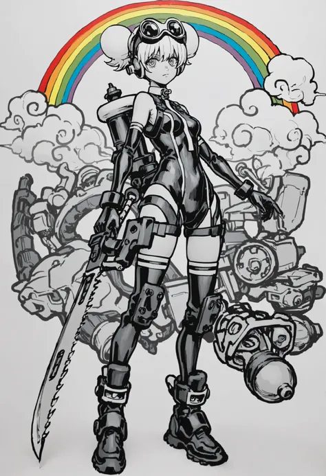 A girl,Saw sword,long sword,Guerrero Doppelsoldner, Puff and Slash fabrics in bright colors underneath,Dynamic Style, GRAPHITE \\(half\\), esque , degraded, rainbow, use, line sketch ,