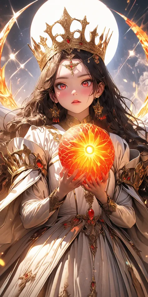 ((a rare natural korean beautiful young queen,1:3)), high detailed face, large expressive eyes, elegant textured makeup, long flowing glowing white hair, 24k iced crystal jade crown on her head, hand holding a high detailed sun and moon crystall Queen's Sc...