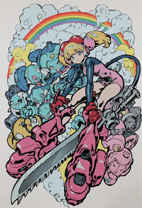A girl,Saw sword,long sword,Guerrero Doppelsoldner, Puff and Slash fabrics in bright colors underneath,Dynamic Style, GRAPHITE \\(half\\), esque , degraded, rainbow, use, line sketch ,
