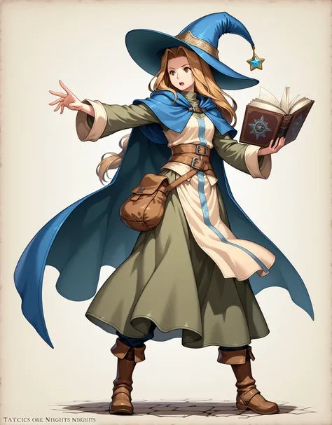 Tactics Ogre style,Medieval Fantasy Style、bluel hair, wizard,in a dynamic pose、nostalgia,『Sleepless nights』