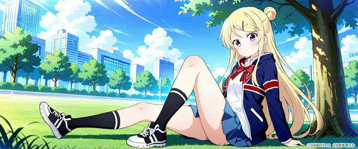 1girl, solo, long hair, looking at viewer, blush, blue eyes, skirt, blonde hair, shirt, hair ornament, bow, sitting, very long hair, school uniform, purple eyes, jacket, full body, pleated skirt, outdoors, sky, shoes, day, socks, hairclip, hood, bowtie, ha...