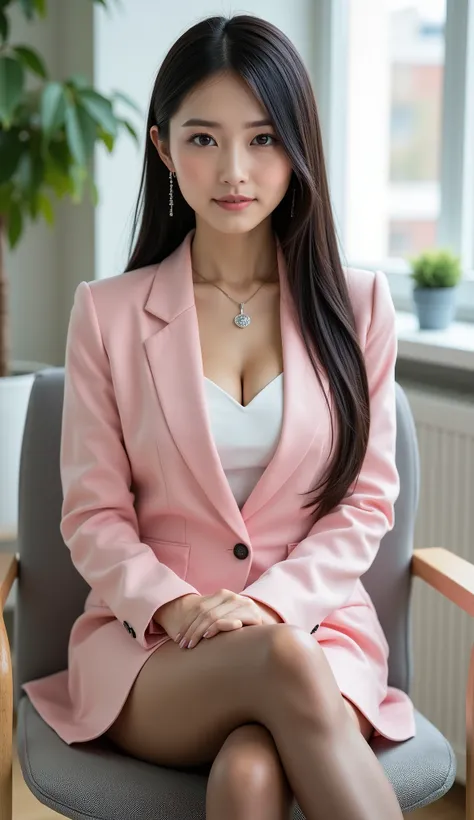 Highest Quality, (((a full-body depiction of a sexy office lady sitting on a office chair))), (((full body image))), (((From the top of her head to the tips of her feet ))), Sleek long black hair , Professional Office Lady with Long Dark Hair, is sitting ...