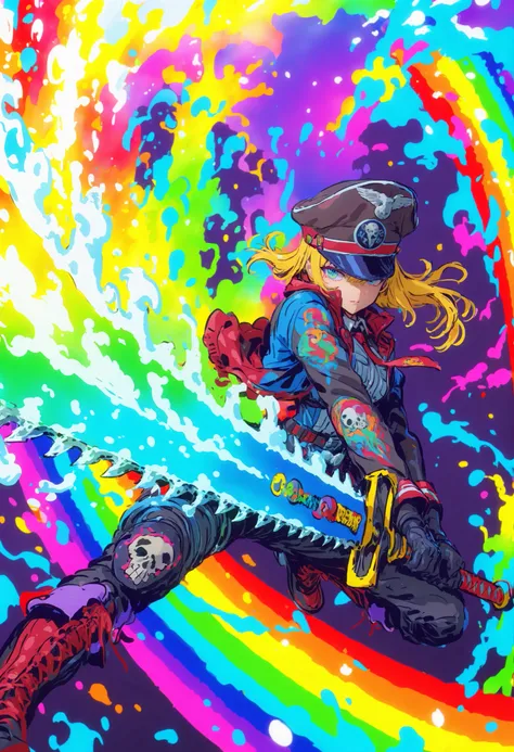 1 ,Saw sword,long sword,Guerrero Doppelsoldner, Puff and Slash fabrics in bright colors underneath,Dynamic Style, degraded, rainbow, line sketch ,