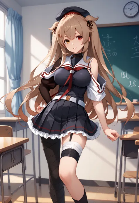 Murasame (KANCOLLE)、(Murayama Nikkantai collection),  light brown hair, 1 girl, solo, long hair, chest,hair ornament, , Red right eye, Brown Left Eye,, ribbon, uniform, hair ribbon, pleated skirt, sailor suit, hair clip, black thigh high socks, transparent...