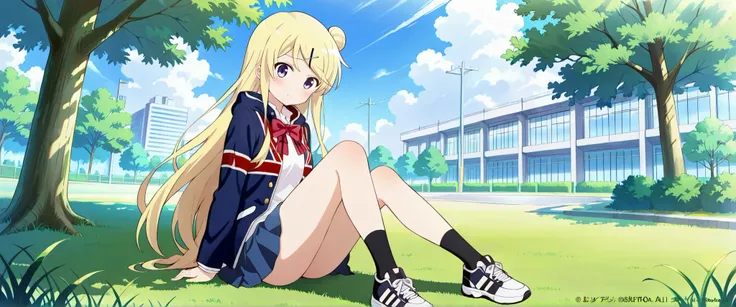 1girl, solo, long hair, looking at viewer, blush, blue eyes, skirt, blonde hair, shirt, hair ornament, bow, sitting, very long hair, school uniform, purple eyes, jacket, full body, pleated skirt, outdoors, sky, shoes, day, socks, hairclip, hood, bowtie, ha...