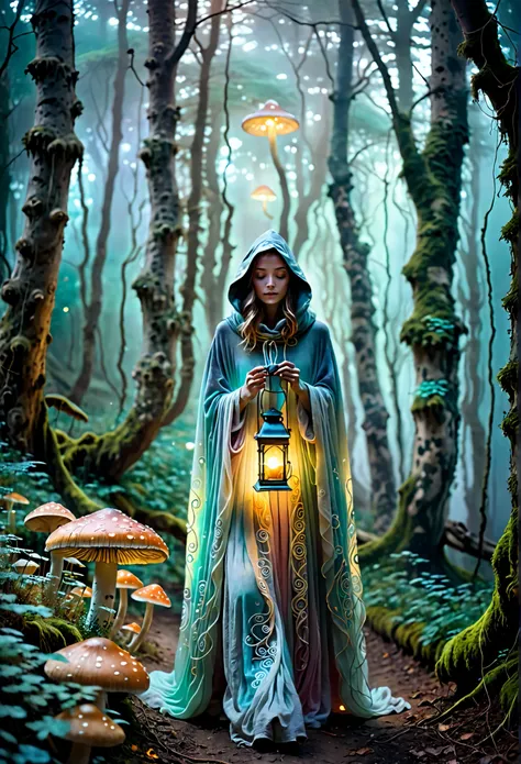 fantasy style,Paint Polling, Dreamy Texture ,Vivid pastel colors,1 girl,Lonely Traveler,Long Flowing Cloak,Hood Covering the Face,Holding a Luminous Lantern, Mysterious Forest,Mushrooms that emit soft light,Swirls of Mist, Ancient Ruins ,Ethereal Atmospher...