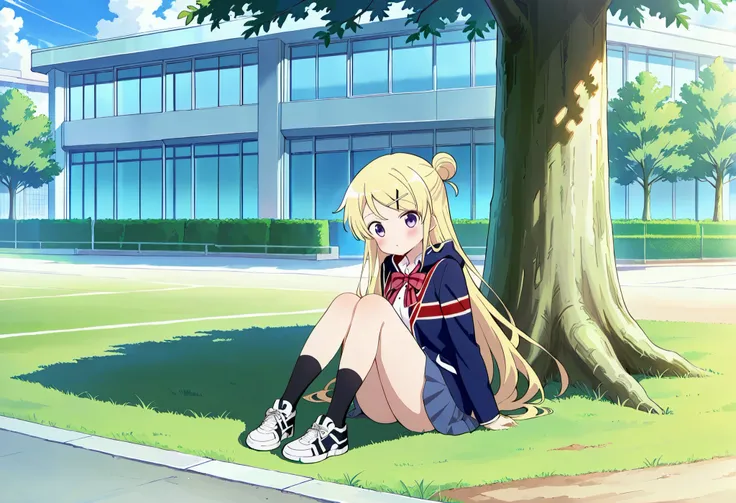 1girl, solo, long hair, looking at viewer, blush, blue eyes, skirt, blonde hair, shirt, hair ornament, bow, sitting, very long hair, school uniform, purple eyes, jacket, full body, pleated skirt, outdoors, sky, shoes, day, socks, hairclip, hood, bowtie, ha...
