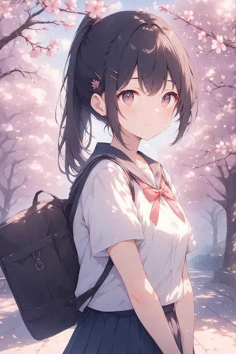 thin and soft painting style 、school uniform、4moon、under the cherry tree、female student heading to school with anticipation、black hair、ponytail、hairpin、carrying a bag in the back、Warm spring sunshine、Sakura Fubuki is beautiful