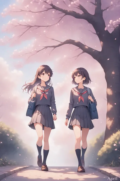thin and soft painting style,school uniform,April,under the cherry tree,Female Students Heading to School with Expectations,two girls、Depiction of walking side by side while having a conversation