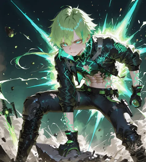 .young tall thin athletic boy, sharp defined jawline, smooth sun-kissed skin, wild messy lime-green hair flowing upward from intense energy, vivid electric blue eyes glowing fiercely, sleek dark combat jacket with lime-green glowing trims flaring open from...