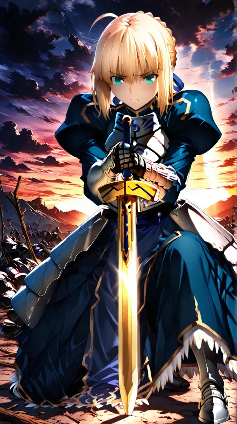 (solo, knowing, destiny: Gold, green eyes), (Low-cut bun hair, Armor Plate, Iron shoulder, Iron Boots),(((Excalibur Sword))), Deep Eyes, in their 40s: (Kamran Hill), The sunset shines through clouds all over the sky, (dark art, battlefield),(((Stick a h...