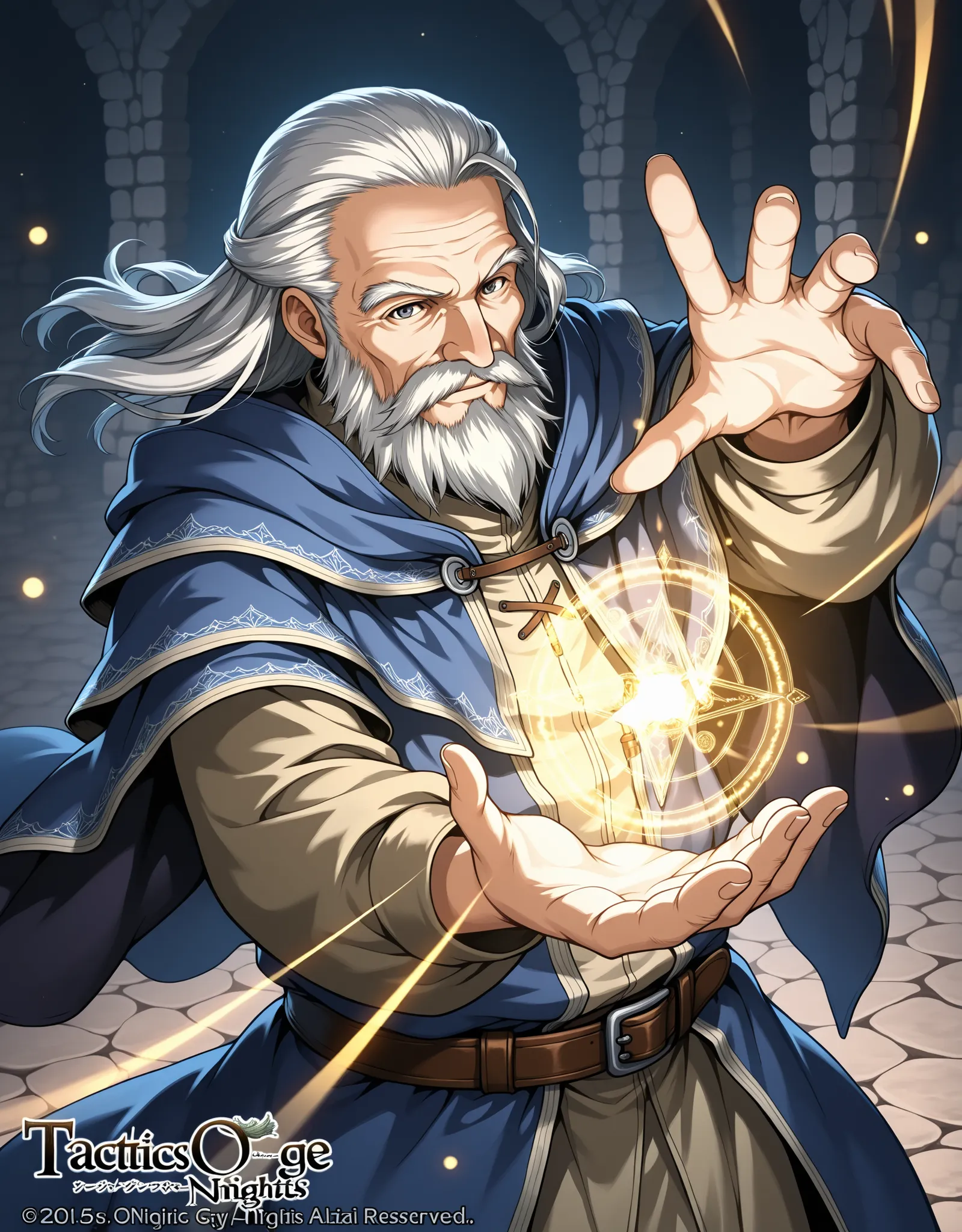 Tactics Ogre style,Medieval Fantasy Style、white hair,old man,male wizard,frame magic,in a dynamic pose、nostalgia,『Sleepless nights』