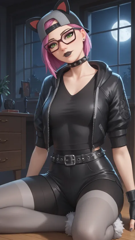 girl (masterpiece)spiked belt,choker,spiked collar,black lips, black cap, cat ears,fingerless gloves,evening (only)loose V-neck gray T-shirt, black short jacket,black shorts with grey leggings, grey fuzzy slippers,tight spandex shorts,video games,gothic ro...