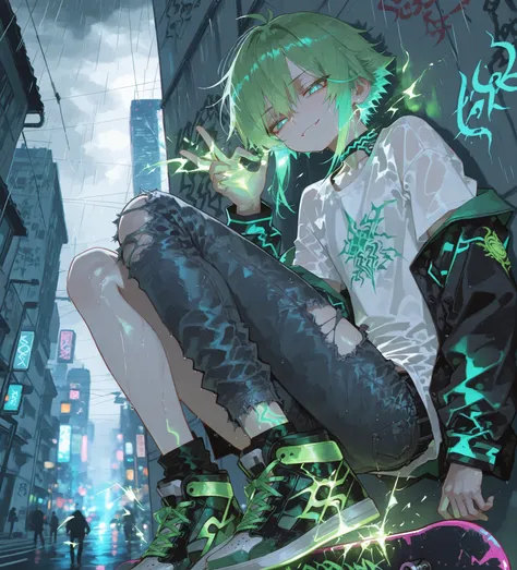 young tall thin athletic boy, sharp defined jawline, smooth sun-kissed skin, wild messy lime-green hair flowing back in the wind, vivid glowing electric blue eyes shining fiercely, stylish black street jacket with lime-green neon circuit patterns glowing a...
