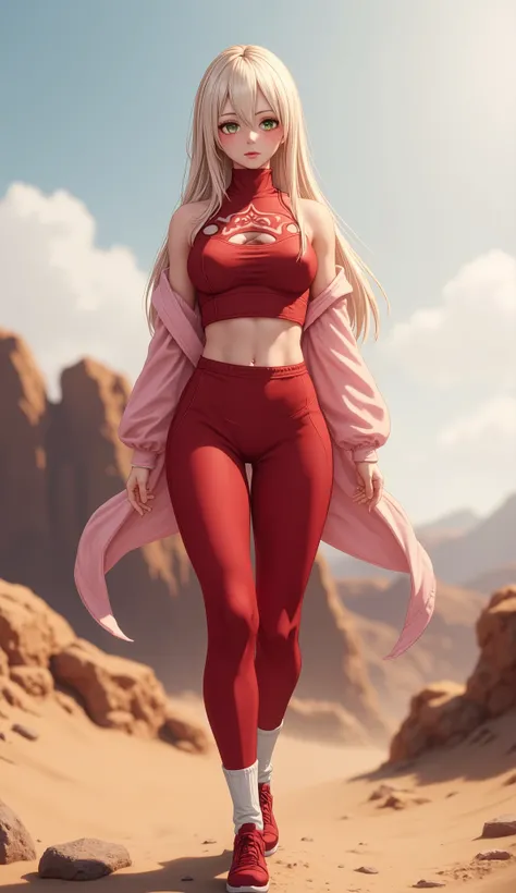 Yodo, ((yodo boruto,1 Girl,Solitary)), Warm colors, atmosphere, 4K, masterpiece, high resolution, ridiculous, Bare shoulders, Sexy long legs, on the Rocky mountain, standing running on desert, blonde long hair, lust, eyes, Shy, pure desire, Tempting, Sexy ...