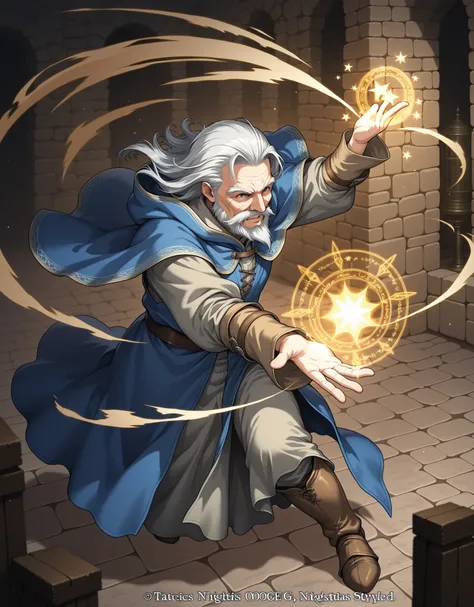 Tactics Ogre style,Medieval Fantasy Style、white hair,old man,male wizard,frame magic,in a dynamic pose、nostalgia,『Sleepless nights』