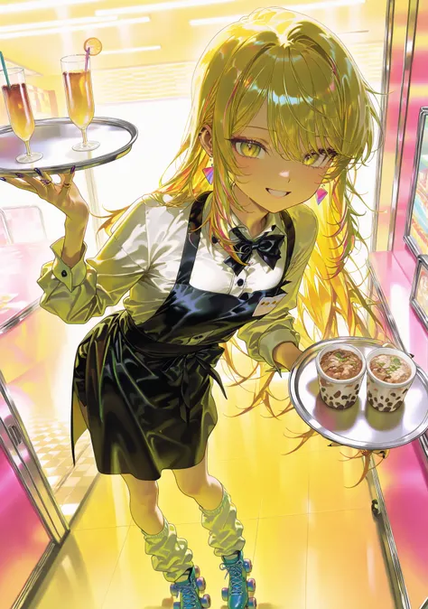 masterpiece,Highest Quality , newest , safe, beautiful woman in silya room 、Diner、colorful、roller skates、retro colors、long hair、dark blue and yellow hair、loose socks、gal、Long Nails、Medium chest、full body、Complex pose、viewed from above、Overlooking、 pop、Wait...