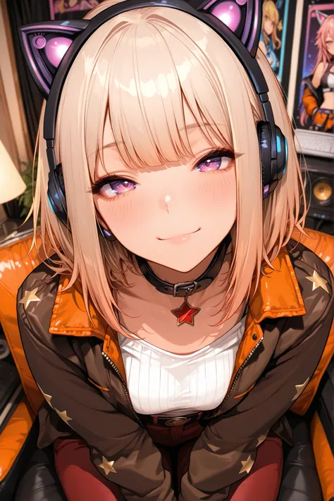 anime-style VTuber, soft platinum blonde hair with pale yellow gradient, smooth and flowing texture, subtle highlights, slightly messy strands, pink inner ears, soft fur texture, slight tilt of head, vivid purple eyes with small sparkles, slightly playful ...