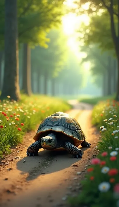 A turtle is slowly walking along a beautiful road, surrounded by nature