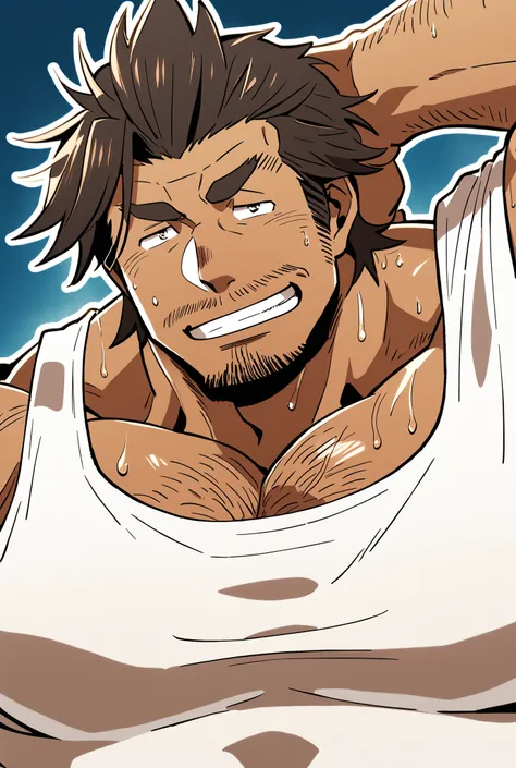 (Yami Sukehiro), A strong middle-aged man who is sweaty and has a beard，tank top，brown skin, place one hand behind your head，side，濃いside毛，Huge pectoral muscles，肩sideを見せつける，(hairy body:1.1)，Bitter smile，Transparency