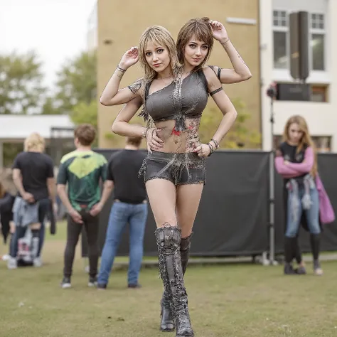 Two-headed ohwx, full body, wide shoulders, space between heads, with four arms, light makeup, one head with beautiful blonde hair, one head with thick rainbow hair, one head wearing a beanie, (thick bangs:1.3), (messy shoulder length hair), woman, ((eyeli...