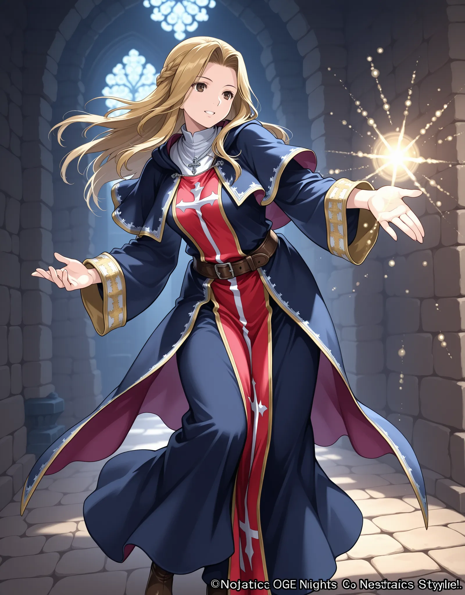 Tactics Ogre style,Medieval Fantasy Style、golden hair, priest,female wizard,healing magic,in a dynamic pose、nostalgia,『Sleepless nights』
