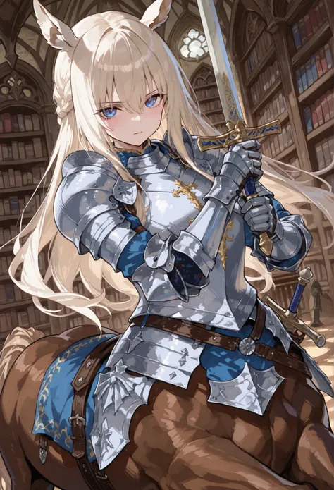 Centaur, female centaur, proud, noble, serious gaze, fantasy, medieval, female, library, adorable, moe, blue eyes, long hair, sword, horse armor, armored up, warhorse, knight, covering horse body, covering horse half, covering body, covering centaur body