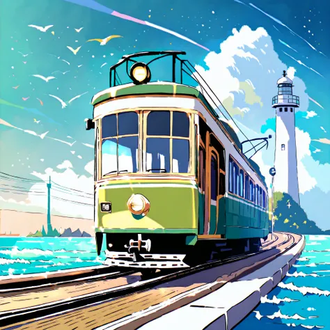 the green and beige streetcar number 1051, Streetcars that run on the tracks,The viewpoint is to hold the vehicle diagonally from the front,and the background is the ocean,The sunlight is dyed in bright colors. the sky is clear and bright blue, dotted with...
