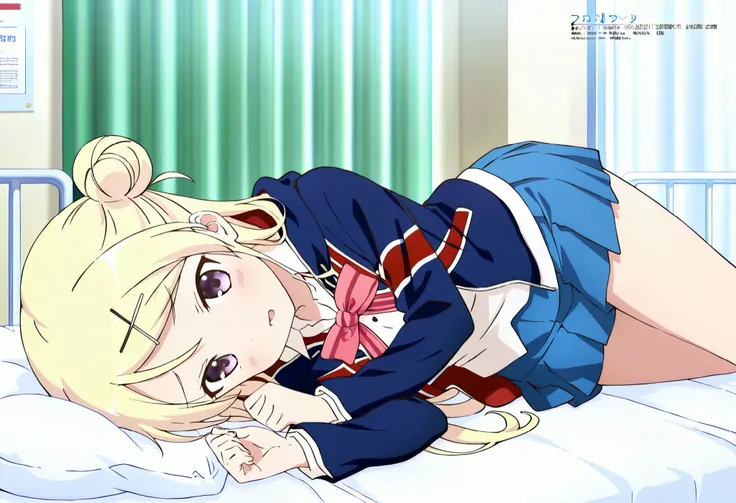 dropout of high school and unemployed kujo karen, long hair, medium breasts, blonde hair, purple eyes, single hair bun, x hair ornament,kin-iro mosaic high school uniform, union jack, jacket, pink bowtie, school uniform, shirt, blue skirt, Infirmary,bed,sc...