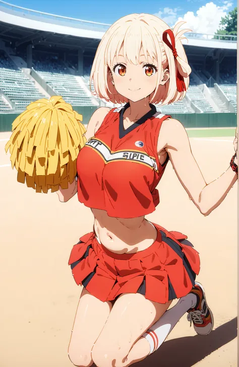 Nishikiki Chisato, solo,short hair, bungs,  Gold, Red Eyes, hair ribbon, one side up, bob cut,
(Cheerleading), (full body),  on chest, (sweated), sweated Wet Clothes, (Red clothing),sleeveless, pleated skirt,White socks,sneakers,belly button out, playgroun...