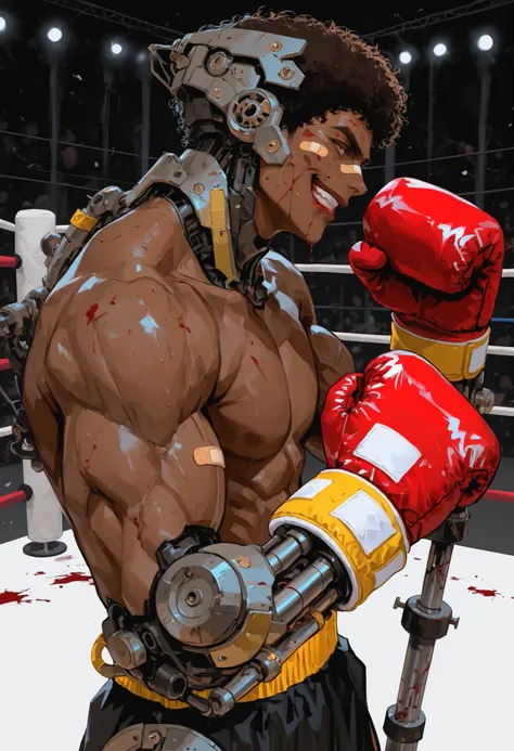 a boy,brown skin,by the afro,(profile portrait),( close),(On Boxing Guard),blood on the lip,confident and determined smile,yellow band-aid on the face,metal exoskeleton on the arms,mechanical arms with stickers,About the biceps small hydraulic cylinders,re...