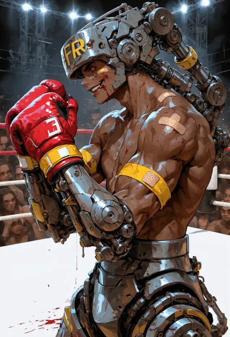 a boy,brown skin,by the afro,(profile portrait),( close),(On Boxing Guard),blood on the lip,confident and determined smile,yellow band-aid on the face,metal exoskeleton on the arms,mechanical arms with stickers,About the biceps small hydraulic cylinders,re...